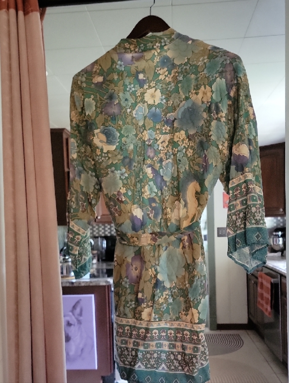 Blue Green Floral Satin Kimono Robe - Picture 2 of 3
